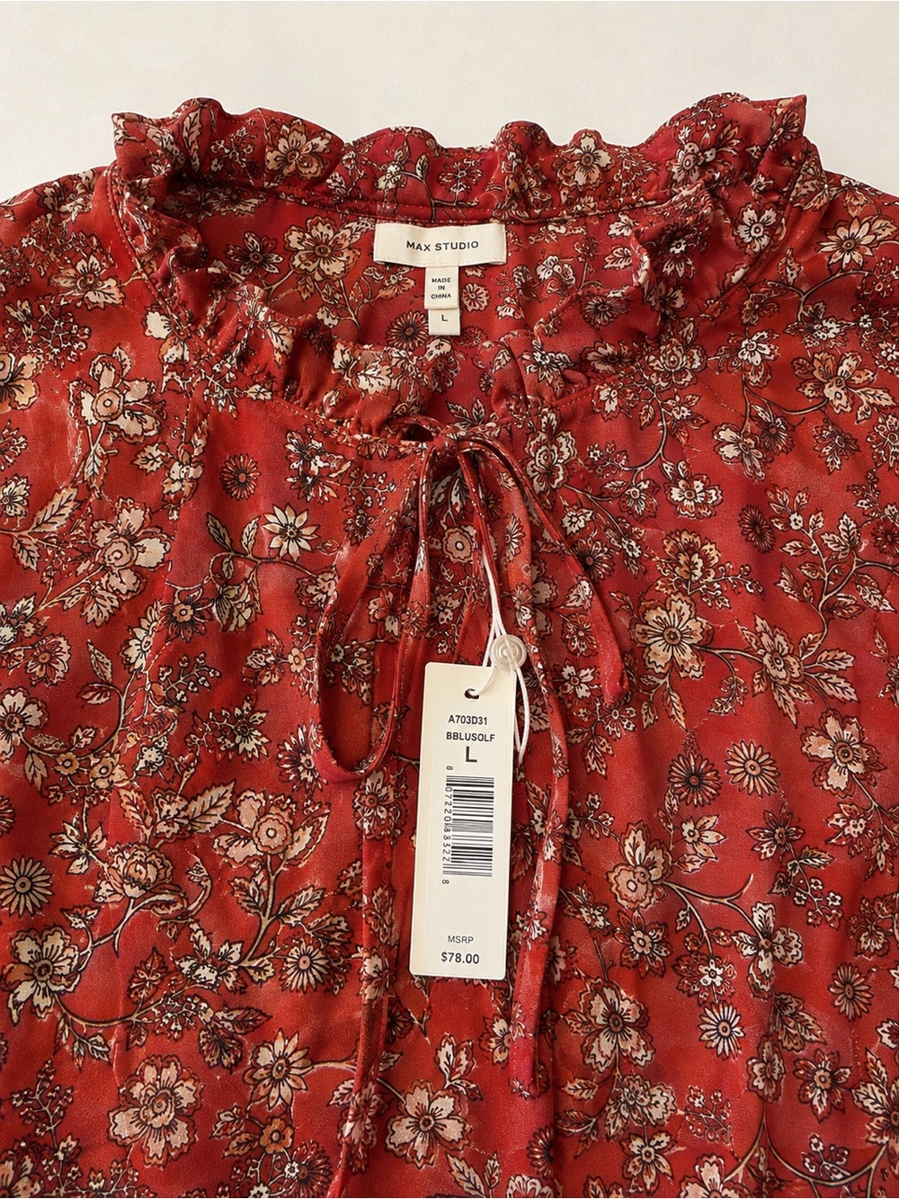 Max Studio Rust Red Floral Tie-Neck Ruffle Blouse